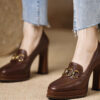 Women's Brown Thick-heeled Sheepskin Shoes