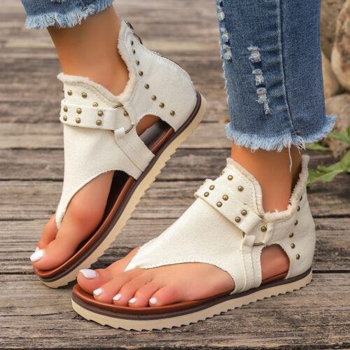 Denim Thong Sandals With Rear Zipper Summer