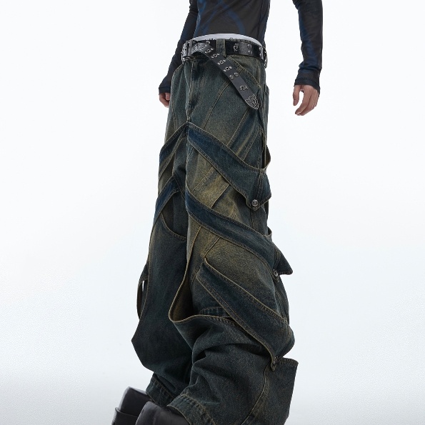 Three-dimensional Winding Worn Looking Washed-out Hollow Jeans