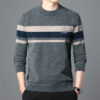 Fleece-lined Ferret Fur Sweater Striped Crew Neck T-shirt