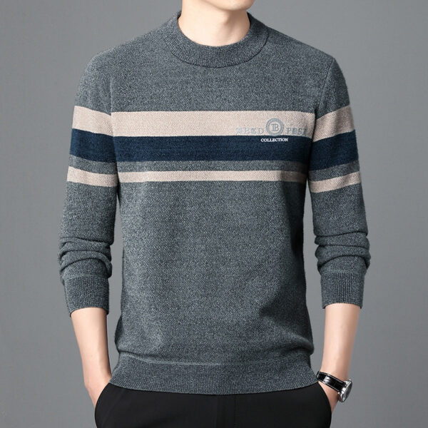 Fleece-lined Ferret Fur Sweater Striped Crew Neck T-shirt