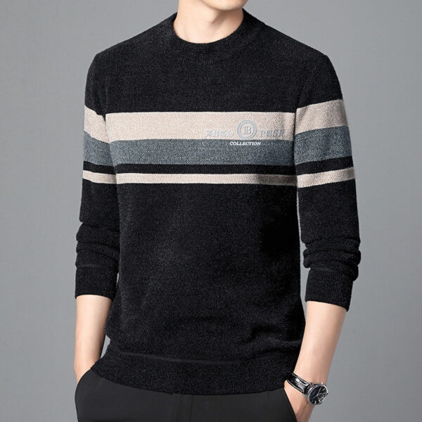 Fleece-lined Ferret Fur Sweater Striped Crew Neck T-shirt
