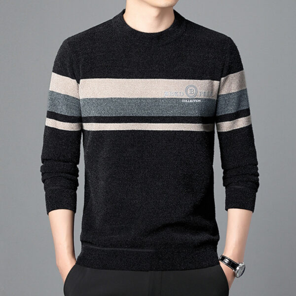 Fleece-lined Ferret Fur Sweater Striped Crew Neck T-shirt
