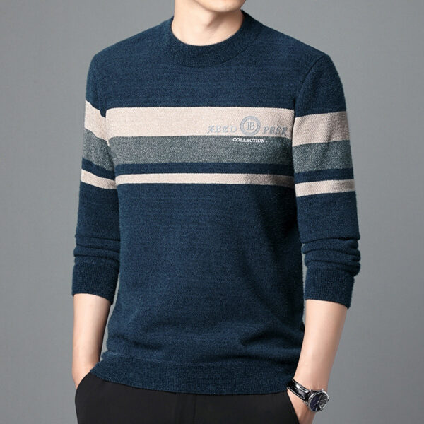 Fleece-lined Ferret Fur Sweater Striped Crew Neck T-shirt