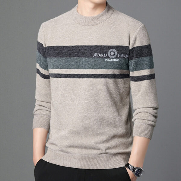 Fleece-lined Ferret Fur Sweater Striped Crew Neck T-shirt