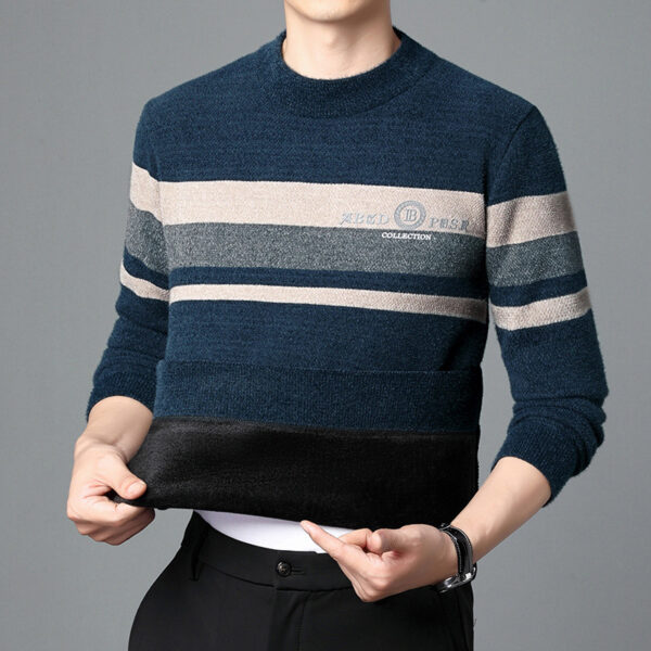 Fleece-lined Ferret Fur Sweater Striped Crew Neck T-shirt