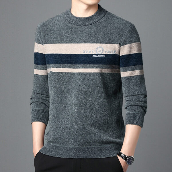 Fleece-lined Ferret Fur Sweater Striped Crew Neck T-shirt