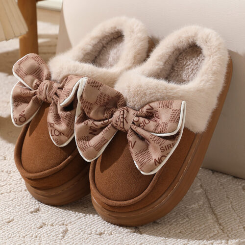 Cute Bowknot Plush Slipper Winter Warm Indoor Floor Bedroom